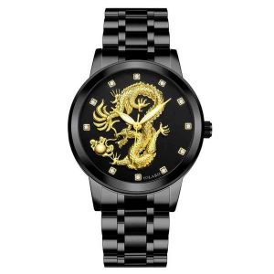 Montre-Bracelet Dragon Diamond Dial - Noir - Bracelet En Acier Inoxydable - Mouvement &Agrave; Quartz - Affichage Analogique - Neuf