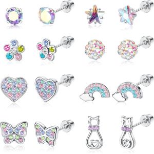 8 Paires Boucles D'oreilles Hypoallergéniques Pour Femmes Filles Acier Inoxydable 316l Cz Coeur Vis Dos Boucles D'oreilles Fleur Multicolore Papillon Boucles D'oreilles Ensemble.[X2675] - Neuf