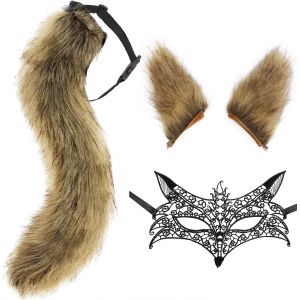 Ensemble Queue Et Oreilles De Renard Loup Masque Dentelle,Longue Fausse Fourrure Queue Pince &Agrave; Cheveux Oreille Et Masque Cosplay Costume Pour Halloween,No&euml;l,F&ecirc;te Costum&eacute;e.[J450] - Neuf