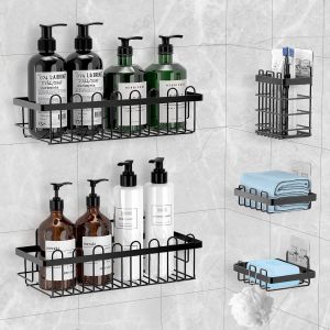 TIANYI-&Eacute;tag&egrave;re de douche sans per&ccedil;age 5 pi&egrave;ces, en acier au carbone, avec support &agrave; savon et forte adh&eacute;rence, pour salle de bain, noir - Neuf