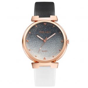Montre-Bracelet A Quartz Yolako Pour Femme, Cadran Degrade Tendance, Bracelet En Cuir Synthetique (Blanc + Noir) - Neuf