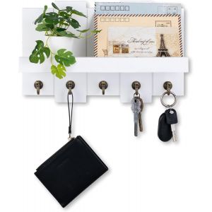CHECARZHN--NO1-Plaque À Clés Avec Étagère En Bois Blanc - 5 Crochets - Décoration Murale Moderne - Rangement - Neuf