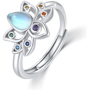 Yemaesre-Bague Lotus En Argent Sterling 925 Avec Pierre De Lune Réglable - Fleur De Lotus - Chakra - Bijou Spirituel - Cadeau Pour Femmes Et Filles - Neuf