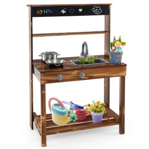 Cuisine ext&eacute;rieure enfant en bois de sapin 65 x 40 x 96 cm avec robinet et &eacute;vier design naturel Helloshop26 20_0019365 - Neuf