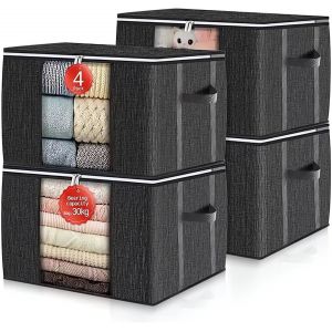 lbgwp60-Lot De 4 Sac De Rangement Vetement 90L, Boîte De Rangement Sous Lit Pliable, Housse Rangement Couette Organisateur De Placard, Fenêtre Transparente En Tissu Solide Pour Les Vêtements (4×90L) - Neuf