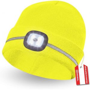 Nsiecd-Bonnet Led Jaune - Lampe Frontale Sur Bonnet Tricot&eacute; - Bonnet Avec Bandes R&eacute;fl&eacute;chissantes - Port Usb Pour Recharger - Dur&eacute;e D'&eacute;clairage De 60 Minutes - 4 Niveaux D'&eacute;clairage - Unisexe - Jaune - Neuf