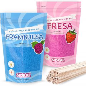 NouvelHorizonstore-Sucre Barbe &agrave; Papa pour machine- Ar&ocirc;mes et Colorants Naturels - Lot de 2 x 250GR (Fraise - Framboise) poudre barbapapa + 25 B&acirc;tonnets recyclables pour d&eacute;gustation - Neuf