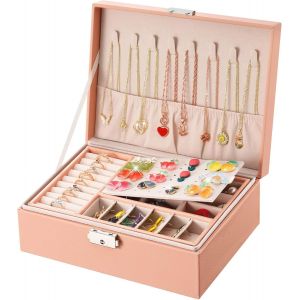 Coffret À Bijoux Pour Femme, 2 Niveaux, En Cuir, Avec Serrure, Idéal Pour Ranger Bagues, Boucles D'oreilles, Bracelets Et Colliers (Rose). - Neuf