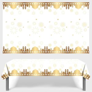2pcs Blanc Nappe Aïd Mubarak, 130x220cm Grande Ramadan Mubarak Nappe Plastique, Nappe De Table Rectangulaire Imperméable Pour L'aïd Ramadan Mubarak, Lune Etoile Décorations De Fête Musulmane - Neuf