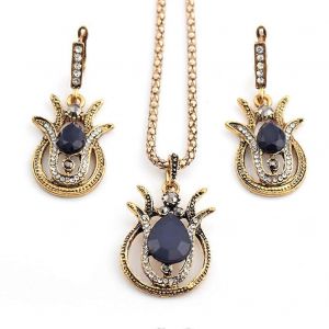 Parure De Bijoux Ethniques Pour Femme, Collier Et Boucles D'oreilles En Alliage Creux En Forme De Goutte D'eau (Bleu) - Neuf