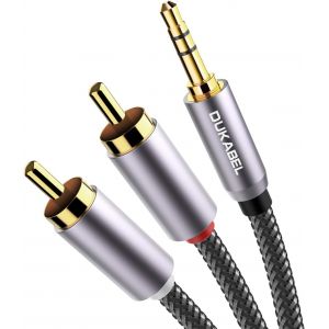 C&acirc;ble RCA vers jack 3,5 RCA-Jack 3,5 mm vers 2 fiches st&eacute;r&eacute;o RCA-C&acirc;ble audio HiFi avec gaine en nylon-Corps en m&eacute;tal et contacts plaqu&eacute;s or 24 carats-Top Series 1,2 m - Neuf