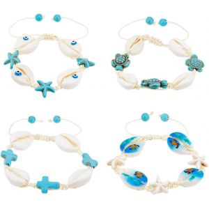 Kal-4pcs Bracelet En Coquillage Boh&egrave;me Naturelle Coquillage Bracelet Femme En Forme De Coquille Tress&eacute; Set De Bijoux Bracelet Mauvais Oeil Du Diable Croix Bracelets D'&eacute;t&eacute; Vacances - Neuf