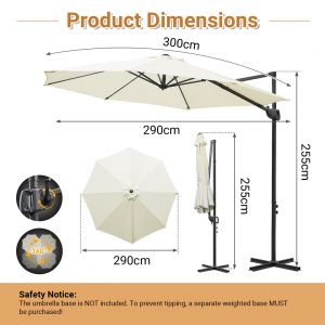 Parasol D&eacute;port&eacute; 300 Cm Beige, Rotation 360&deg;, Inclinable 0&iquest;60&deg;, Toile Polyester 200 G/M&sup2; Uv50+, M&acirc;t Aluminium - Neuf
