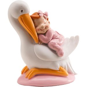 Sansh-Dekora - Détails De Baptême | Figure De Décoration De Baptême Fille - Cigogne Avec Bébé Endormi, Rose - Neuf