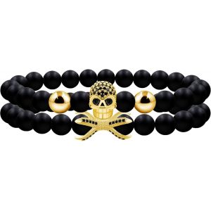 Kal-Y4723 Lot De 2 Bracelets Superposés De Style Gothique Punk Pour Homme Et Femme U2013 Fait À La Main En Pierre D'agate Noire Extensible Pour Femmes Et Filles U2013 Bracelet D'halloween - Neuf