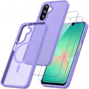 3 In 1 Magn&eacute;tique Coque Pour Samsung Galaxy A17 5g Aimant&eacute;e Avec 2 Verres Tremp&eacute;s,Dos Anti Rayures Antichoc Housse Fond Mat Translucide Bumper Case - Lavande Clair - Neuf