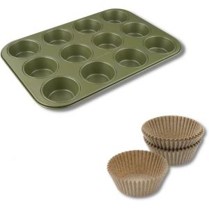 Sjzg-9983950 Ensemble Pour Cuisson Des Muffins Eco Friendly Plaque 12 Empreintes Et Lot De 40 Moules En Papier, Acier, Cire De Carnauba, Papier, Vert, Brun, 38,5 Et 7 Cm - Neuf