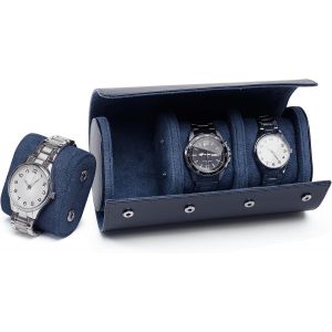 Kal-Boîte À Montre Homme, Luxe Pu Cuir Boite Montre Pour 1-3 Montres Boîte Rangement Montre, Portable Etui Montres Voyage, Coffret Montre Homme Pour Cadeau Noël Anniversaire (Bleu, 3-Montre) - Neuf