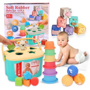 ChenQuanSarl-Set De Jouets Sensoriels Et Éducatifs Montessori Pour Bébés, Garçon-Fille, 4 En 1 Blocs Empilables, Boîte Mouchoirs, Cadeau Naissance, Anniversaire, 6 À 36 Mois,Non Toxique (4 En 1) - Neuf