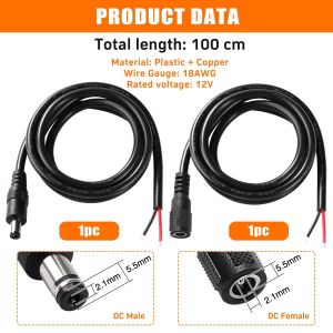 2 Pi&egrave;ces 100cm 18 AWG C&acirc;ble D'alimentation CC, 5.5 mm x 2.1 mm M&acirc;le et Femelle vers Fil nu C&acirc;ble D'alimentation de R&eacute;paration, pour Cam&eacute;ra de S&eacute;curit&eacute;, Bande lumineuse LED, DVR - Neuf