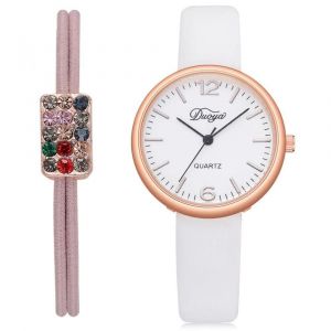 Duoya Élégant Mode Pu Bracelet Quartz Analogique Ronde Montre Bracelet + Anneau De Cheveux (Blanc) - Neuf