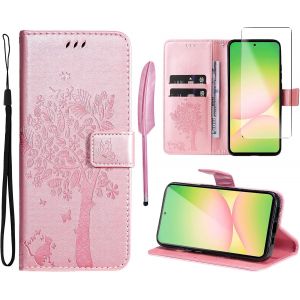Case For Samsung Galaxy A56 5g [1 X Tempered Glass] Flip Case Cover Pu Leather Wallet Silicone [Magnetic Closure] [Card Slots][Stand Feature] - Pink - Neuf