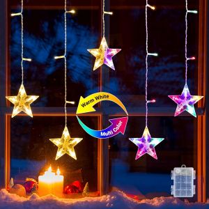 KAL-Multicolore Rideau Lumineux Noël 5 Étoiles Guirlande Lumineuse Rideau Pile 8 Modes Étanche Ip44 Décoration Lumière Exterieure Intérieur Minuterie Pour Sapin De Noël Fenêtre Chambre Mariage - Neuf
