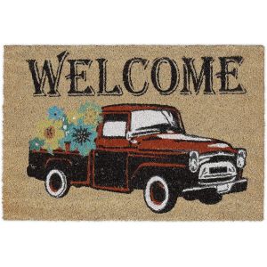 Paillasson Coco,Inscription Welcome & Motif Voiture,Tapis D'entr&eacute;e Int&eacute;rieur & Ext&eacute;rieur,40x60 Cm,Nature - Neuf