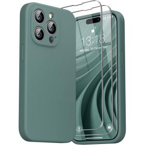 LORANKA-3 en 1 Coque Silicone Liquide pour iPhone 14 Pro Max 6.7"" - avec 2 Verre Tremp&eacute; - &Eacute;tui Protection Pr&eacute;cise de Cam&eacute;ra [R&eacute;sistant aux Rayures] [Antid&eacute;rapant], Vert - Neuf
