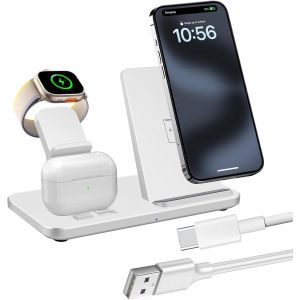 THEF-Station de Charge Chargeur à Induction 3 en 1 Chargeur sans Fil Compatible avec iPhone 8-16 Série, Apple Watch Ultra 2/10/9/Ultra/8/7/6/SE/5/4/3/2, AirPods/Galaxy Buds/Pixel Buds (Blanc) - Neuf