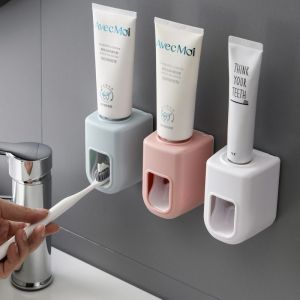 Distributeur automatique de dentifrice, 3 pièces, support pour dentifrice, pour maison, hôtel, rose - Neuf