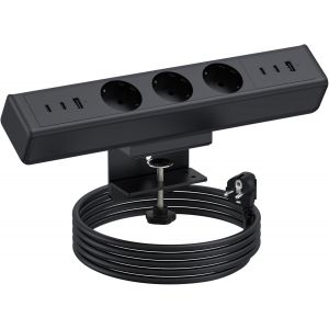Multiprise de table &agrave; clipser avec USB C, 3 prises avec 6 ports USB, c&acirc;ble de 1,8 m, prise de bureau pour bureau et maison (noir) - Neuf