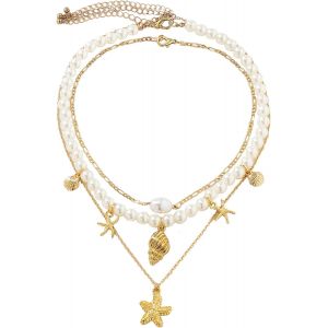 Kal-Collier De Coquillages, Collier De Coquillages Naturels, Superposées Colliers Pendentif Étoile De Mer Coquillage, Pour Femmes Filles Bijoux De Plage Été Plage Bijoux Colliers Cadeaux - Neuf