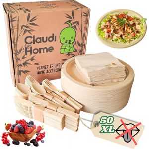 Checarzhn--No1-Vaisselle Xl Compostable Jetable 50 Personnes. Bambou Durable (Assiette 25cm, Couverts 16cm, Serviette 26cm) Picnic, Barbecue, Fête. - Neuf
