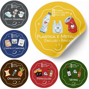 Trahoo-Ø8,7cm-Kit 6 Autocollants Poubelle De Tri Selectif | Italiano, Vinyle | Stikers Pour Poubelle Recyclage | Etiquettes Bac Tri Selectif | Colorés,Éducatifs Pour Enfants (Ø8,7cm-Italiano) - Neuf