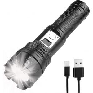 Lampes De Poche Led Super Lumineuses Rechargeables, Lampe De Poche Haute Puissance Avec Affichage De Puissance Et Zoomable, Ipx4 &Eacute;tanche, 5 Modes De Lumi&egrave;re Usb Tactique Lampe De Poche, Pour La - Neuf