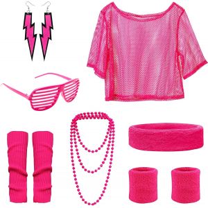 7 Pcs D&eacute;guisement Ann&eacute;e 80 Femme Set, 80 90 Ann&eacute;es Costume Femme, Avec Haut Maille En Maille, Bracelet, Jambi&egrave;res, Boucles D'oreilles, Lunettes, Collier, Boucles Oreilles Eclair - Neuf