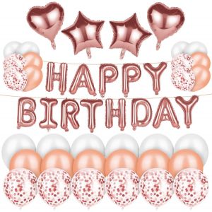 MEVRONISSHOP-Decoration Anniversaire, 49PCS Deco Anniversaire Ballon Anniversaires Combinaison Happy Birthday Banni&egrave;re, Or Rose Ballon D&eacute;corations avec Confettis, Aniversaire de F&ecirc;te pour Femme Homme - Neuf