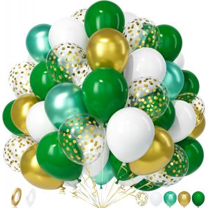TRAHOO-Ballons Vert Foncé et Blanc, 50 Pièces Vert Foncé Métallique Or Confettis Ballon avec Ruban Fille Femmes Enfant Anniversaire Bébé Baptême Jungle Safari Mariage Douche Nuptiale Noël Décoration - Neuf