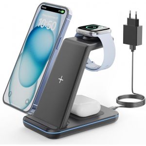 KALANKA-Wireless Charger, 3 en 1 Induktive Ladestation f&uuml;r iPhone 14/13/12/11/Pro/Pro Max/XS/XR/X/8, Ladestation f&uuml;r Apple Watch Ultra/8/6/5/4/3/2/SE, Kabelloses Ladeger&auml;t f&uuml;r AirPods Pro/3/2- Schwar - Neuf