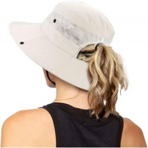 Chapeau De Pêche De Plage Pliable De Protection Uv Pour Femme En Maille À Large Bord Avec Trou De Queue De Cheval.[Z339] - Neuf