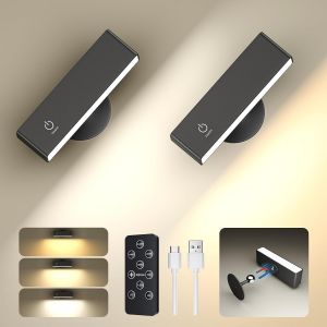 Lot De 2 Applique Murale Sans Fil Avec Telecommande, Applique Murale Led Int&eacute;rieure Rotatifs 360&deg; Lampe De Chevet, Lampe Murale Sans Fil Rechargeable, Lampe Murale Chambre Tactile Sans Percer - Neuf