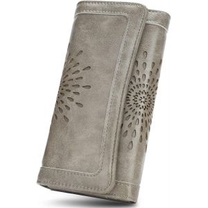 Portefeuille Femmes Pu Cuir Rfid Blocage Portefeuille Porte Monnaie Porte-Ch&eacute;quiers Porte-Cartes Fleur De Soleil Avec Bo&icirc;te Cadeau 6 Fentes Pour Cartes Et 3 Bit De Billet De Banque 330P2214 Gris - Neuf
