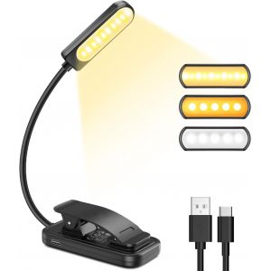 Kalanka-Lampe De Lecture 10 Led, Rechargeable Liseuse Lampe Clip, 100%-10% Gradation En Continu & 3 Couleurs (Chaud/Blanc/Mixte), 360&deg; Cou Flexible, Lampe Lecture Au Lit, Pince Livre Nocturne Voyages - Neuf