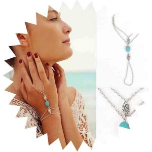 Eryi-Bracelet De Bohème Turquoise Bracelet De Main Argenté Avec Anneau De Fleur Bracelet De Chaîne Superposé Bracelet D'esclave Bracelet De Poignet Rétro Bijoux De Chaîne De Main De Plage Pour - Neuf