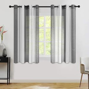 Eryi-2 Pièces De Rideaux Voilage Blanc Et Gris Noir 140x145 Cm Fils Teints Rayé À Oeillets Rideau Cuisinetamisant Élégant Pour Porte-Fenêtre Décoration De Salon Chambre Baie Vitrée - Neuf