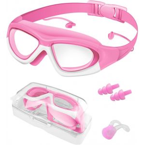 Kalanka-Lunettes De Natation Pour Enfants, Lunettes De Piscine Anti-Buée Avec Grand Cadre Confortable, Protection Uv Et Sans Fuite, Inclut Bouchons D'oreilles Et Nasal, Pour Filles 3-14 Ans, Violet - Neuf