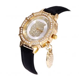 Montre Zhoulianfa Pour Femme Avec Pendentif Hibou Et Strass, En Cuir Pu (Noir) - Neuf