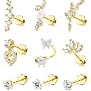 9 Pcs 16g Oreille Piercing Pour Femme Acier Chirurgical Boucles D'oreilles Tragus Conque Cartilage Bijoux-Papillon Serpent Fleur Helix.[X775] - Neuf