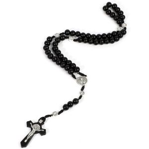 Kal-Collier Chapelet Croix Catholique, Perles De Prière En Bois Naturel Avec Croix Médaille Jésus Christ Saint Benoît, Pour Chrétiens Catholiques Communion Religieuse, Baptême, Messe, Bible - Neuf